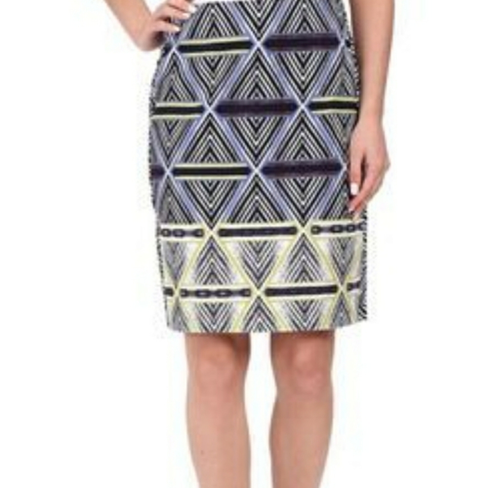 Nic + Zoe Blue Yellow Geometric Print Skirt Diamond Tribal White Pencil Skirt 10